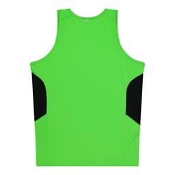 A bright green singlet with black side panels and a simple design. Features a logo on the upper back.