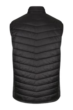 A black men's vest with a quilted design and no sleeves, featuring a logo on the back.