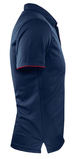 A navy polo shirt with red accents and a logo, displayed from the side.