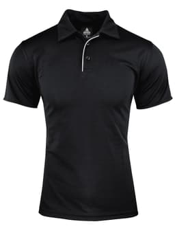 A black polo shirt with a white collar and trim, featuring a logo on the chest.