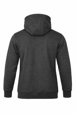 A dark grey men's hoodie with a spacious hood and a simple design, featuring a logo on the back.
