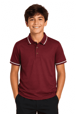 A maroon kids' polo shirt with a collar, featuring a logo. It has contrasting white stripes on the collar.