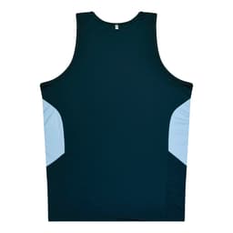 A dark green singlet with light blue side panels and a logo on the back.