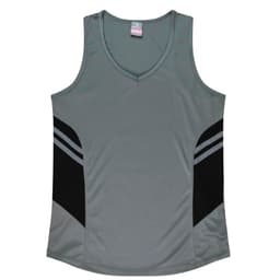 A grey singlet with black side panels and a v-neck design. It features a logo on the upper part.
