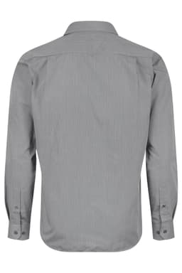 A long sleeve button-up shirt in grey, featuring a plain design and a branded logo on the back.