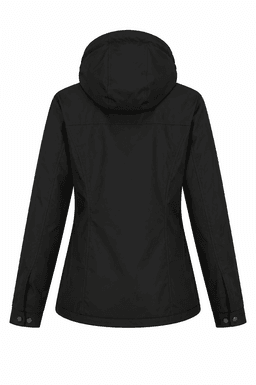 A black women's jacket featuring a hood and a patterned design on the back, with a logo present.