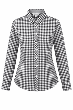 A long-sleeve button-up shirt in black and white gingham check pattern, featuring a collar and a branded logo.