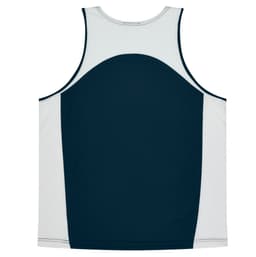 A dark green and light grey singlet with a rounded back design. It features a logo on the front.