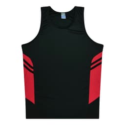 A black singlet with red side panels and a logo. Suitable for kids and designed for comfort.