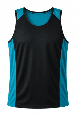 A black and teal men's singlet featuring a branded logo. Suitable for active wear.