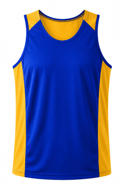 A sleeveless men's singlet featuring blue and yellow panels with a logo on the front.