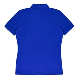 A blue women's polo shirt with a collar and short sleeves, featuring a logo on the back.