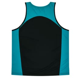 A teal and black singlet featuring a logo, designed for kids in a sleeveless style.