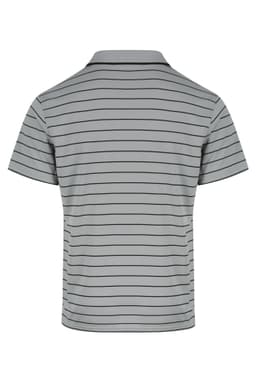 A grey polo shirt with horizontal stripes and a collar, featuring a logo on the upper back.