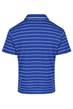 A blue polo shirt with white stripes, featuring a collar and short sleeves. The shirt has a logo on it.