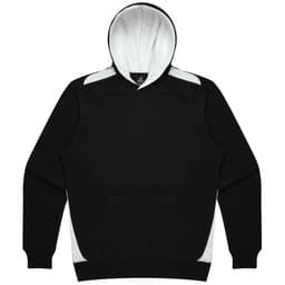 A black hoodie with a white interior and white accents on the sides. It features a front pocket and a logo.