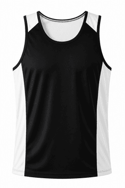 A black singlet with white side panels, featuring a logo on the front. Suitable for sports and casual wear.