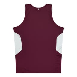 A maroon singlet with white panel accents on the sides, featuring a logo on the back.