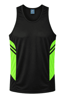 A black singlet with vibrant green side panels and a logo on the upper front. Suitable for active wear.