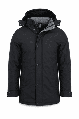 A black jacket with a hood and grey lining, featuring buttons and a logo on the chest.