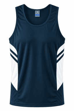 A navy blue singlet featuring white side panels and a logo on the chest.