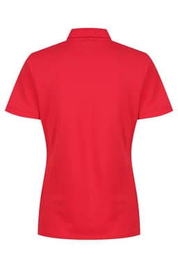 A red polo shirt for women with a classic cut and collar, featuring a logo on the back.
