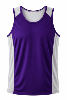 A purple singlet with white side panels, featuring a logo on the front. Made of lightweight fabric for comfort.