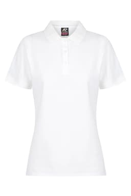 A white women's polo shirt with a collar and placket, featuring a branding logo.