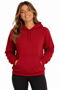 A red hoodie featuring a front pocket, drawstring hood, and a branding logo on the front.