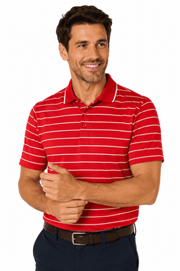A red and white striped polo shirt worn by a smiling man, with a collar and short sleeves.