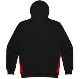 A black hoodie with red side panels and a hood, featuring a logo on the front.