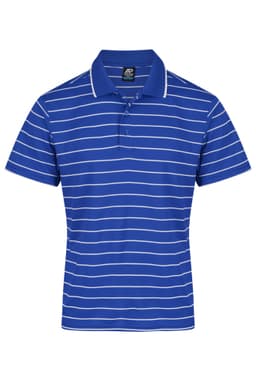A blue and white striped polo shirt featuring a branded logo on the chest.