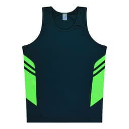 A navy singlet featuring bright green panels and stripes, designed for kids, with a logo.