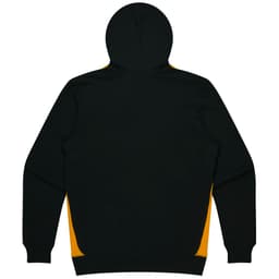 A black hoodie with yellow side panels and a hood. It features a logo on the design.