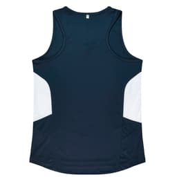 A dark navy singlet with white side panels and a small logo on the back.