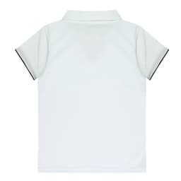 A white polo shirt with black trim, featuring a collar and short sleeves. It has a logo on the side.