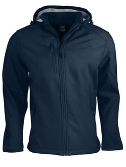 A navy soft shell jacket with a hood and zippered pockets, featuring a logo on the chest area.