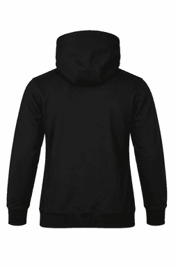 A black men's hoodie featuring a hood and long sleeves, with a simple design and a logo on the back.
