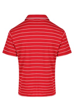 A red polo shirt with white horizontal stripes and a collar, featuring a logo on the back.
