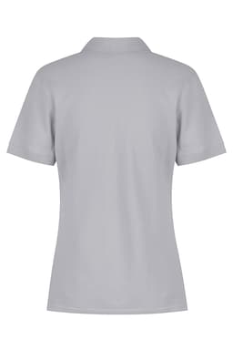 A light grey polo shirt for women with a collar and short sleeves, featuring a logo on the back.