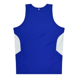 A blue singlet with white side panels, featuring a logo on the back.