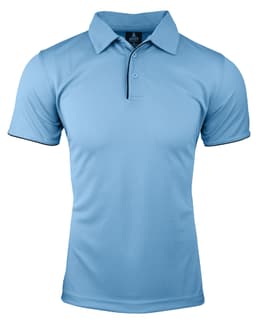 A light blue polo shirt with a collar, short sleeves, and a contrasting button placket. It features branding.