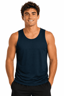 A male model wearing a navy blue singlet, showcasing a casual and comfortable design. The product features a logo.