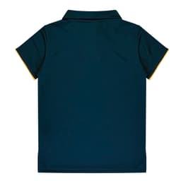 A dark green polo shirt with a collared neck and contrasting yellow trim on the sleeves. Features a logo.