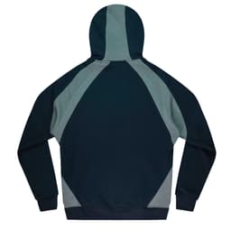 A hoodie featuring a colour block design in dark blue and grey, with a hood and long sleeves. It has a logo.