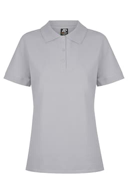 A grey polo shirt with a collar and three-button placket, featuring a logo on the label.