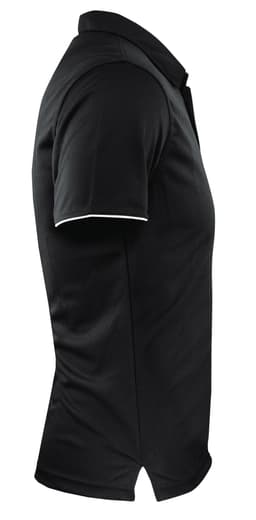 A black men's polo shirt featuring a short sleeve and a branded logo.