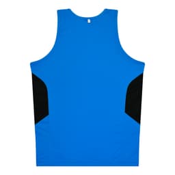 A blue singlet with black side panels and a logo on the back.