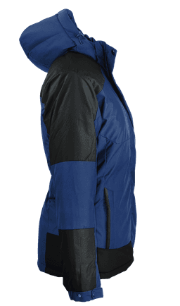 A blue and black jacket with a hood, featuring a branding logo on the sleeve.