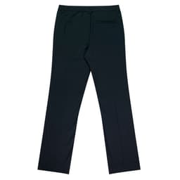 A pair of women's black trousers featuring a straight leg design and a back pocket, with a logo present.